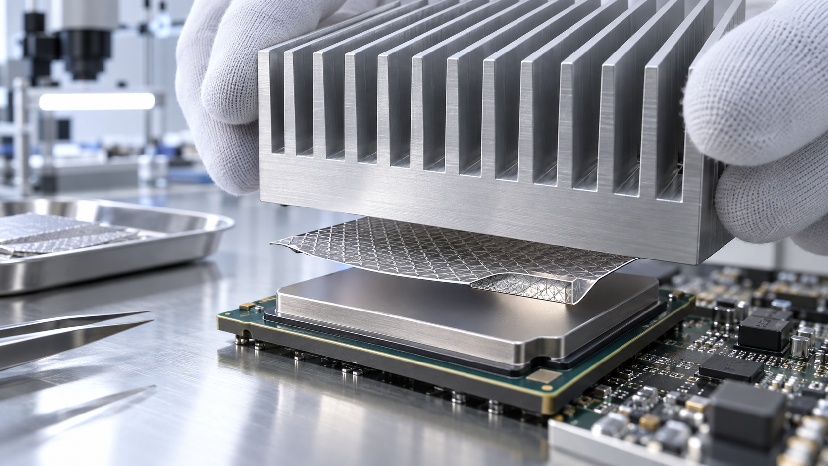 Concept: placing a patterned metal foil (thermal interface material) between a chip package and a heat sink during assembly