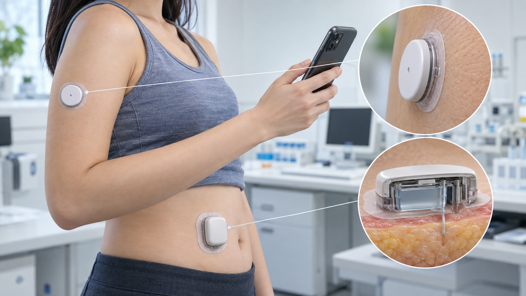 Concept image: a CGM sensor on the upper arm, a Pod on the abdomen, and the link through a smartphone