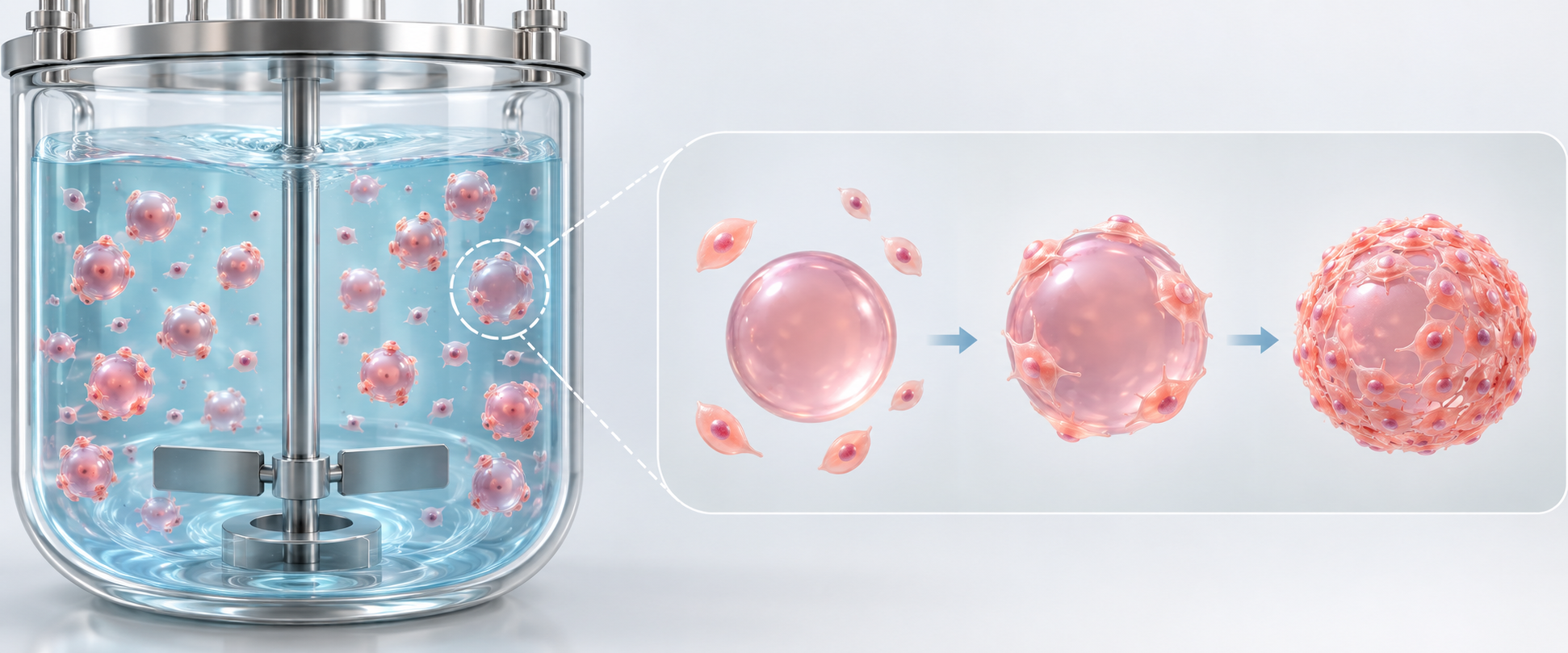 Left: suspended microcarriers in a stirred tank. Right: a magnified progression in which cells attach to the outside of a bead and proliferate across its surface.
