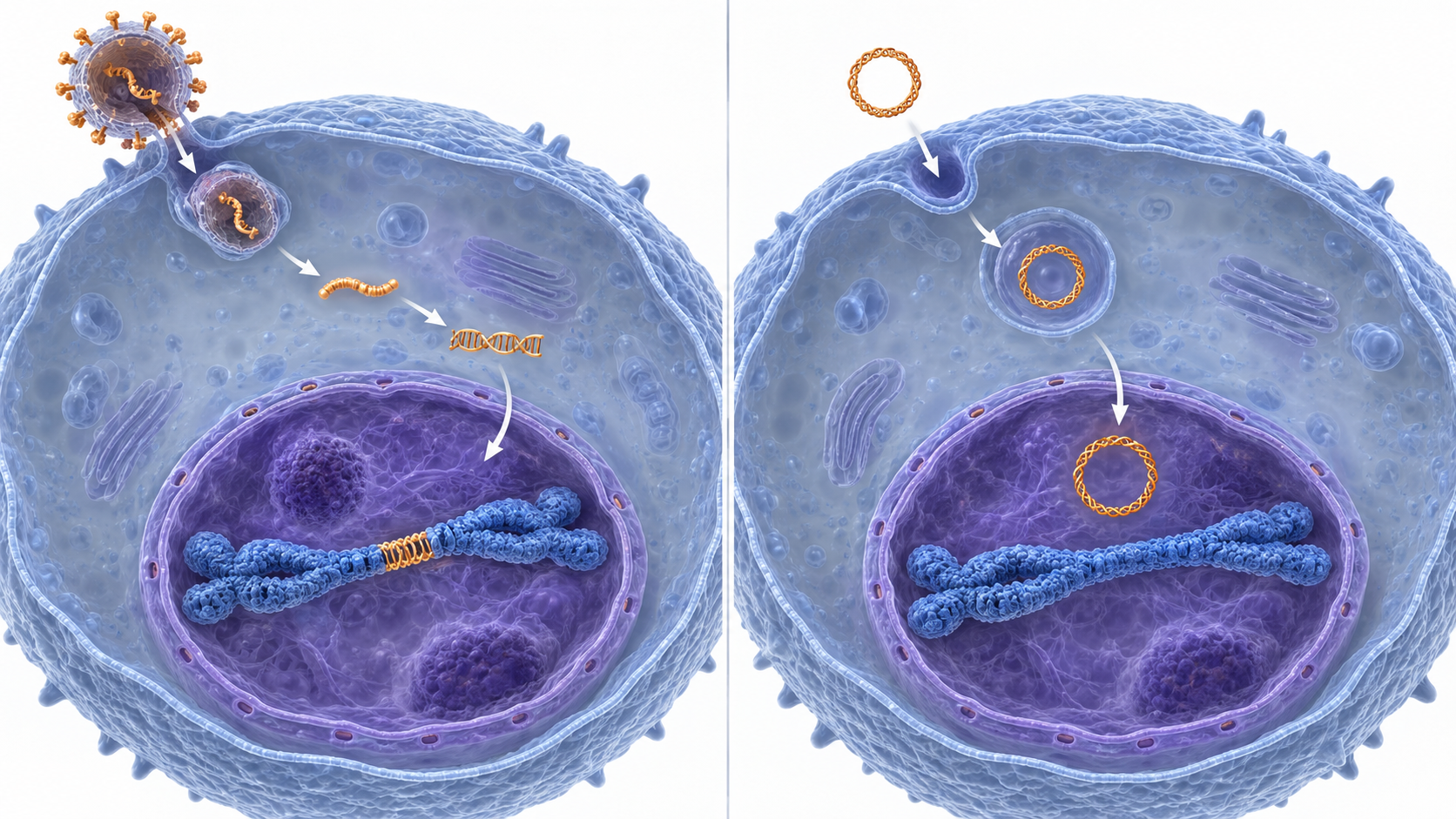 Integrating retroviral delivery is contrasted with non-integrating episomal plasmid delivery