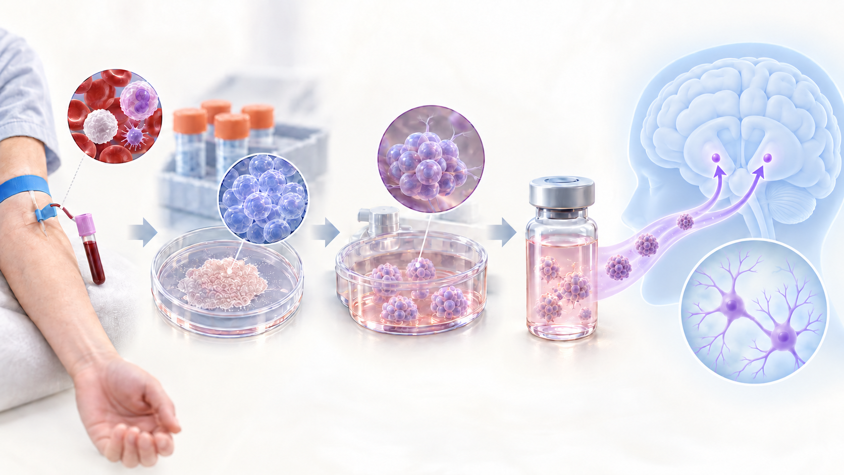 Donor blood leads to an iPS cell stock, dopamine-neuron progenitors and putamen implantation