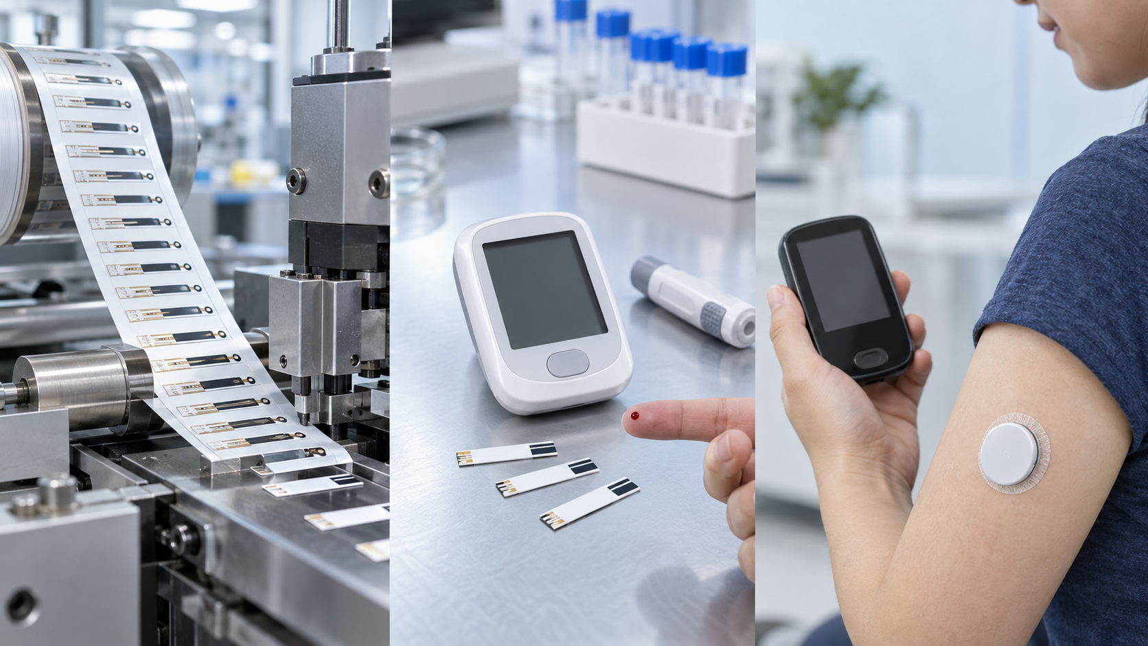 Concept image: cutting test strips from a printed electrode film, a glucose meter and strip, and a CGM sensor on the upper arm