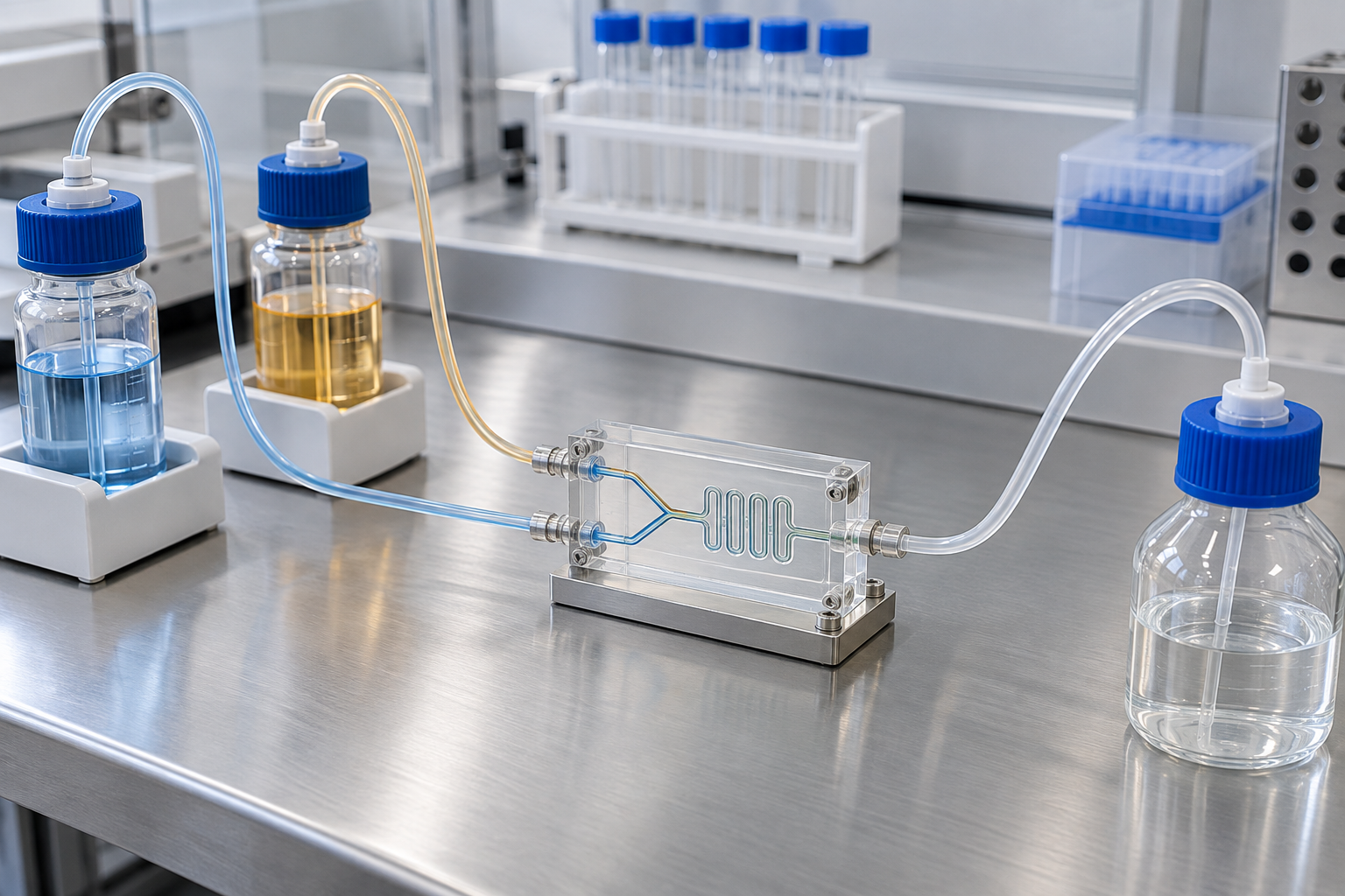 An aqueous nucleic-acid phase and an ethanolic lipid phase meet in a microfluidic mixer