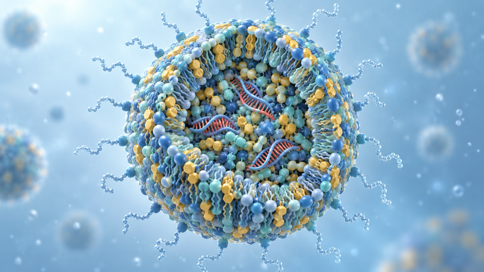 Conceptual cutaway of an mRNA lipid nanoparticle and its lipid components