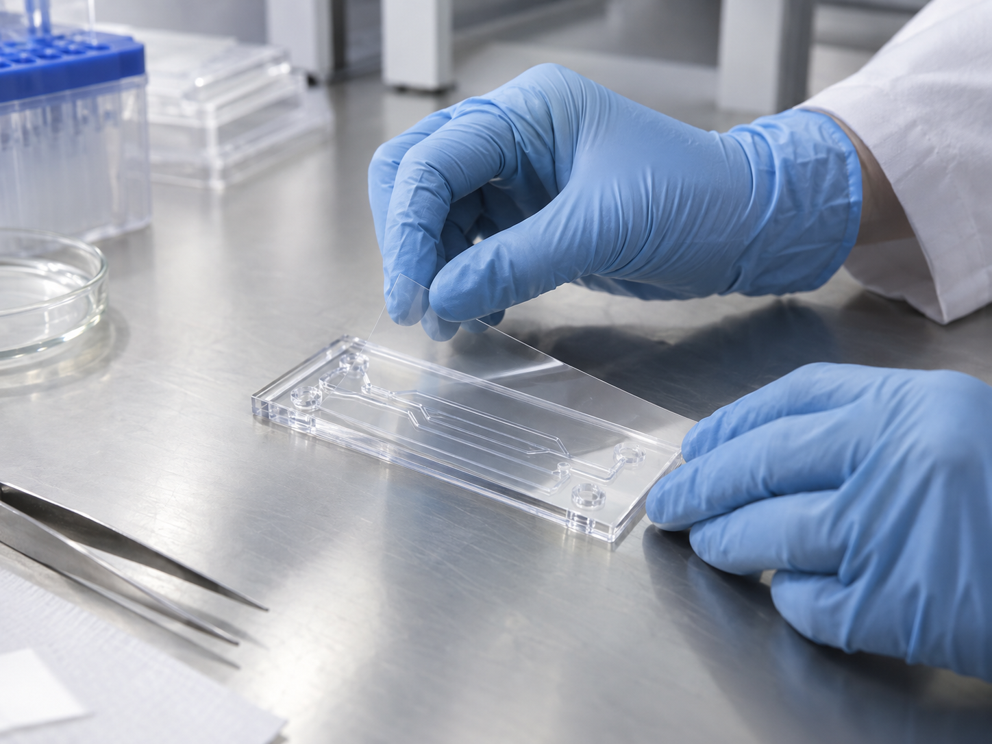 Fig. 4: sealing a molded transparent channel plate by laying an adhesive film over it