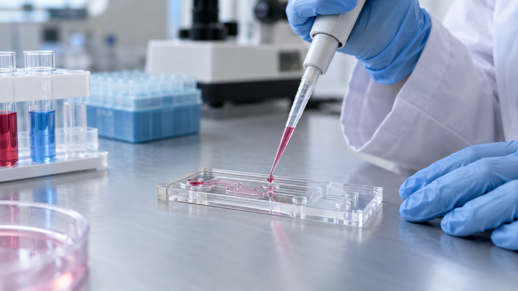 Hero image: a hand dropping colored liquid onto a transparent microchannel chip on a lab bench