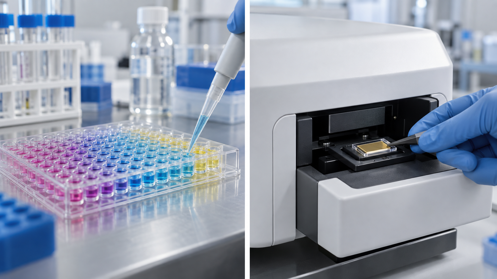 Fig. 5: a bench with a multi-well microplate holding tinted liquids on the left and a small sensor chip with a gold thin film mounted in a plain reader on the right, shown side by side