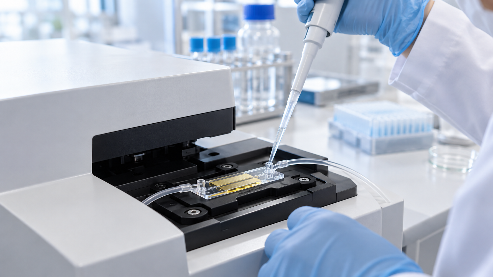 A bright lab where a small channel chip with a gold thin film sits in a plain reader while a gloved hand adds a clear drop with a pipette