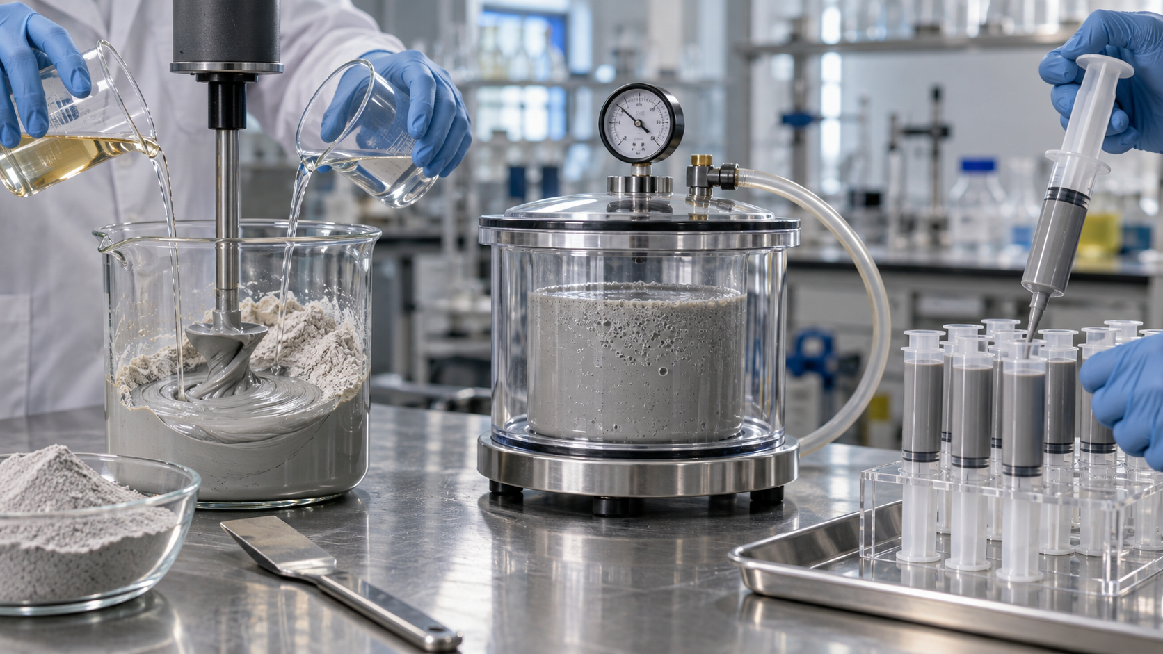 Concept image: compounding epoxy resin with filler, degassing it and filling it into small syringes