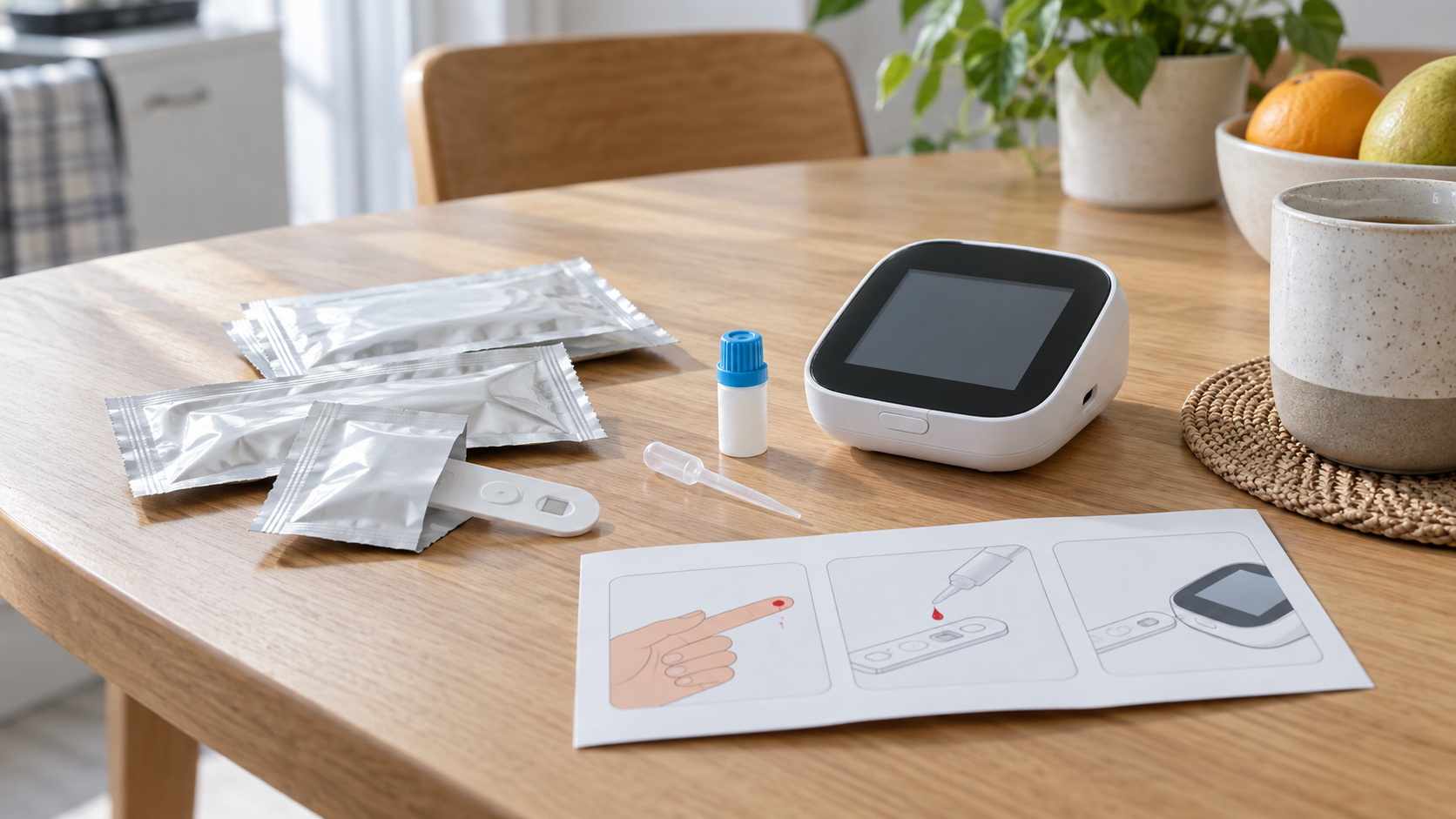 Hero image: single-use sensor packs and a reader laid out on a home table