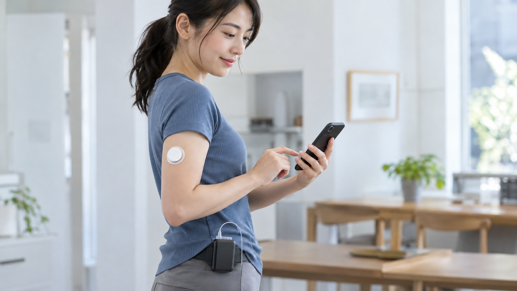 Concept image: a sensor on the upper arm sends readings to a small pump at the waist and a smartphone app, which adjust insulin dosing