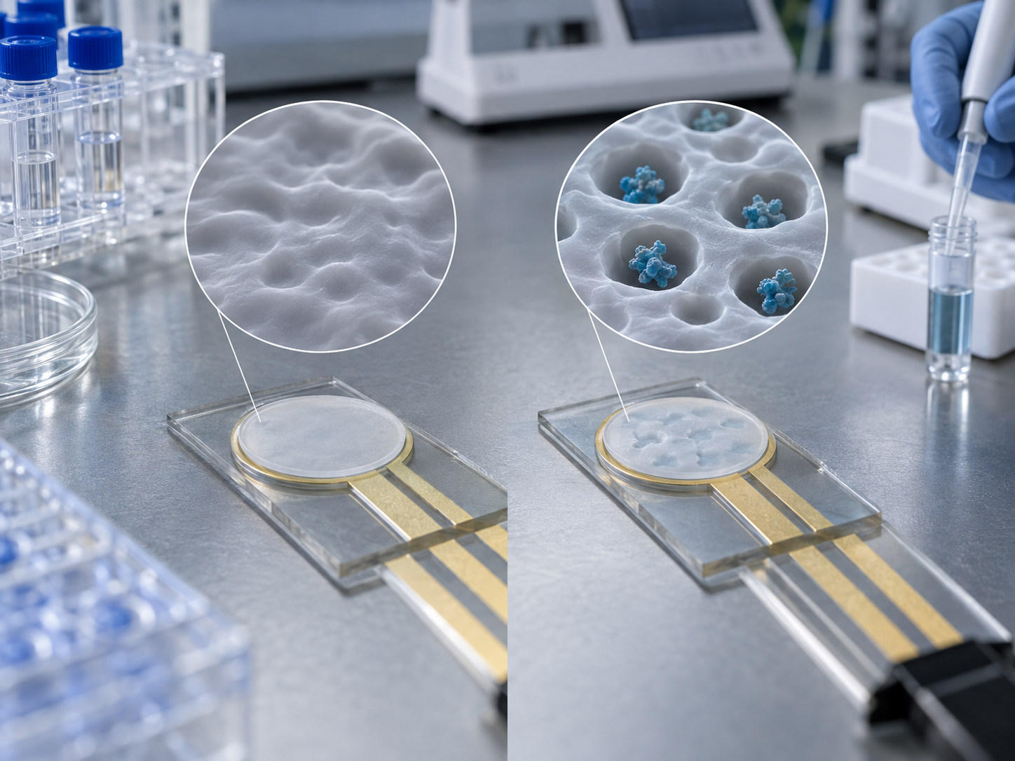 Fig. 4: a film without template and a film with template removed, side by side (with magnified windows)
