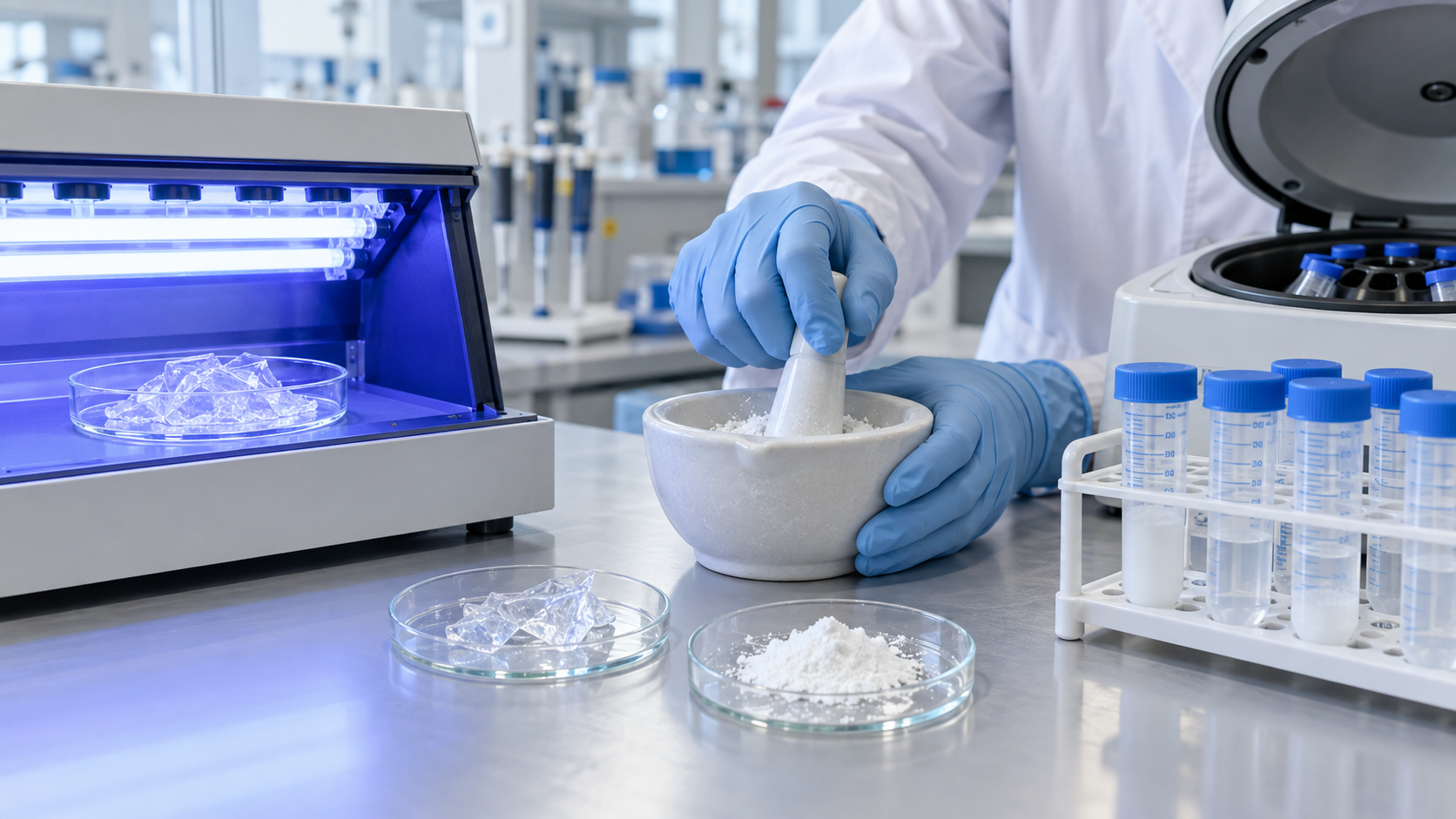 Hero image: a lab bench for making MIP particles (UV polymerization, grinding in a mortar, washing in centrifuge tubes)