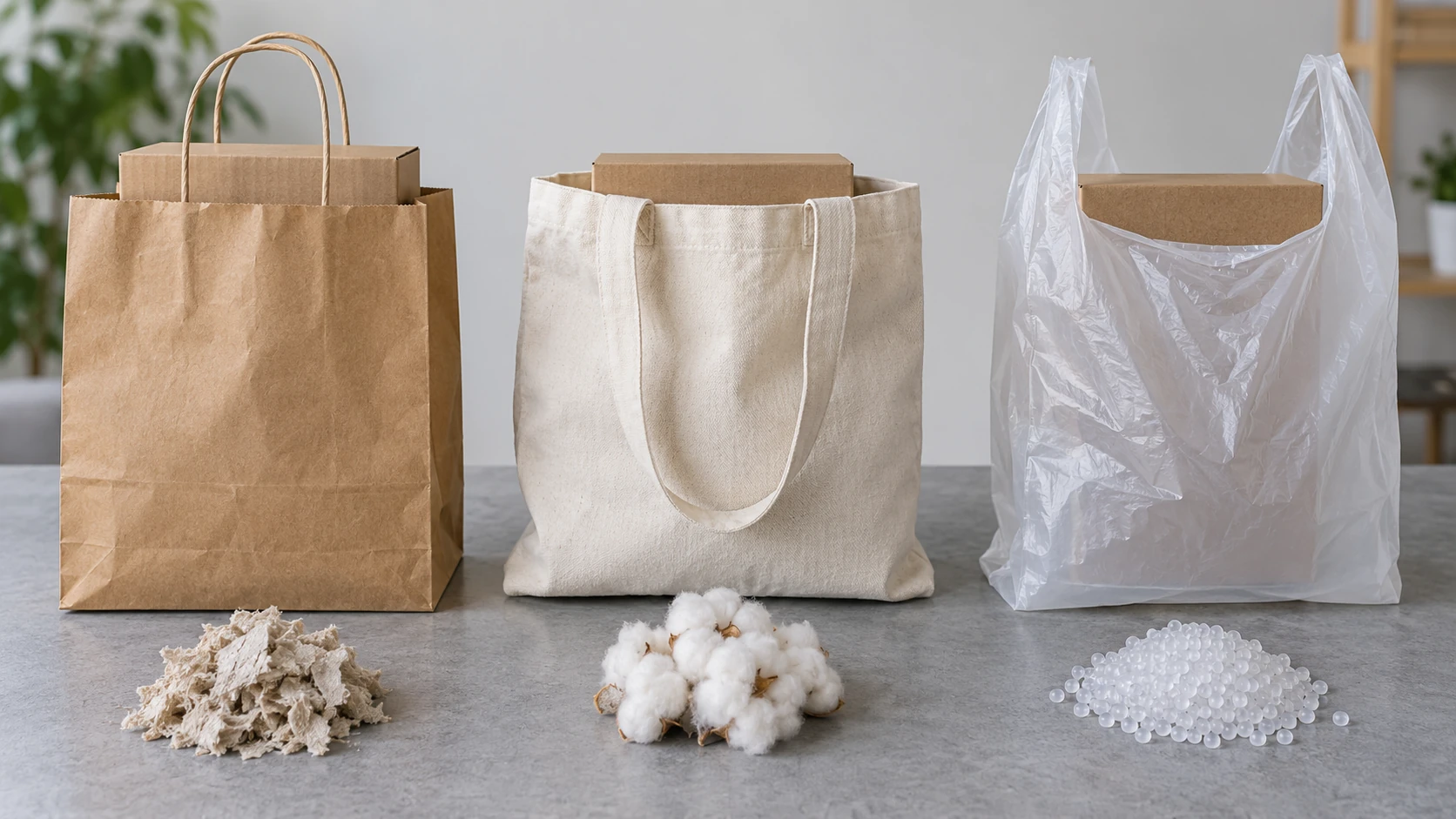 On a bright work bench, a plain paper bag, cloth bag and thin film bag stand side by side under the same light, each with its raw material in front (wood pulp, cotton fibre, resin pellets) and the same size of plain box inside