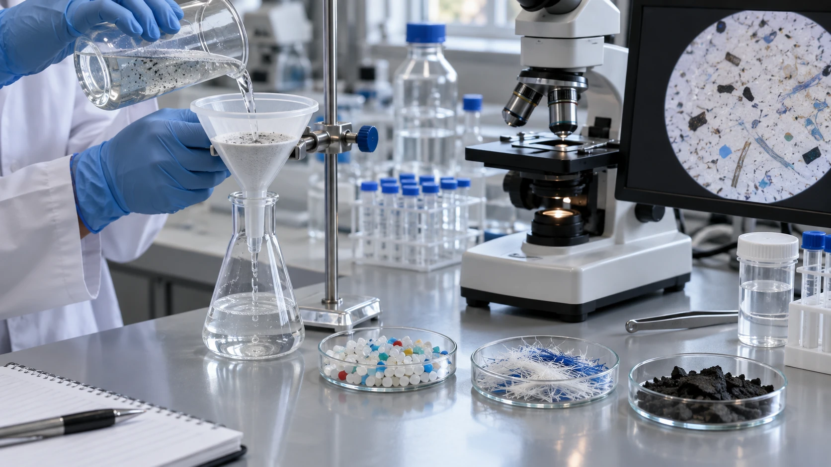A bright analytical lab bench showing a water sample passed through a filtration unit, small particles collected on the filter paper being observed under a microscope, and reference samples of resin pellets, synthetic fibre and rubber pieces