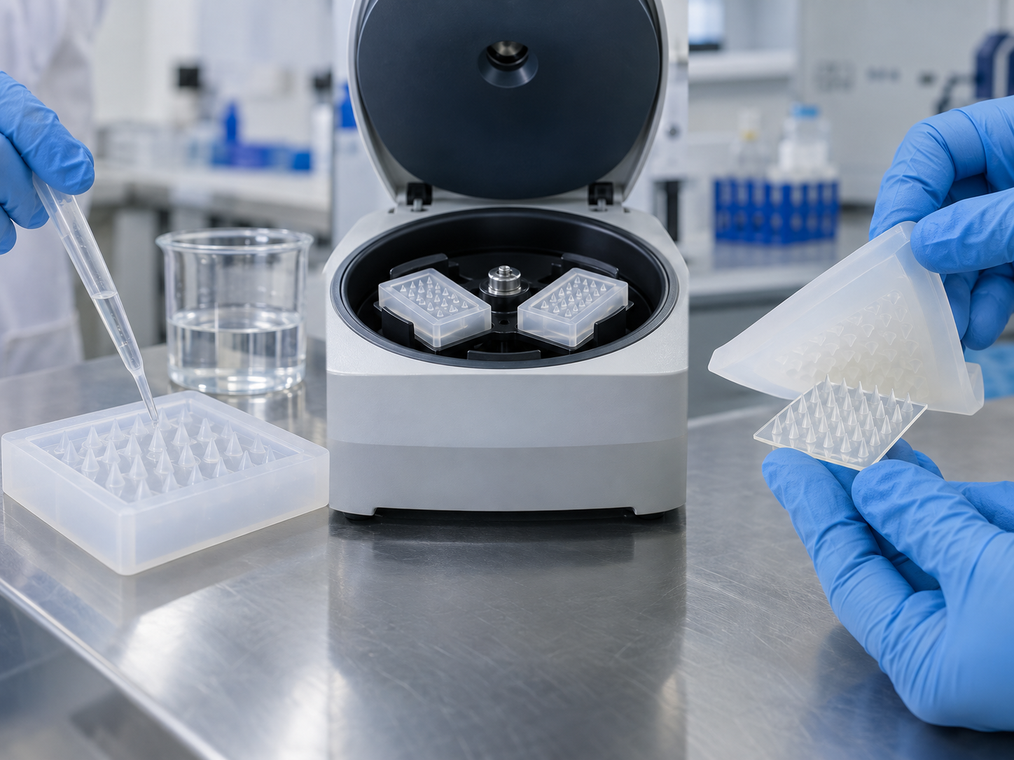Fig. 4: polymer solution cast into a mold, filled in a centrifuge, and the set needle array removed from the mold