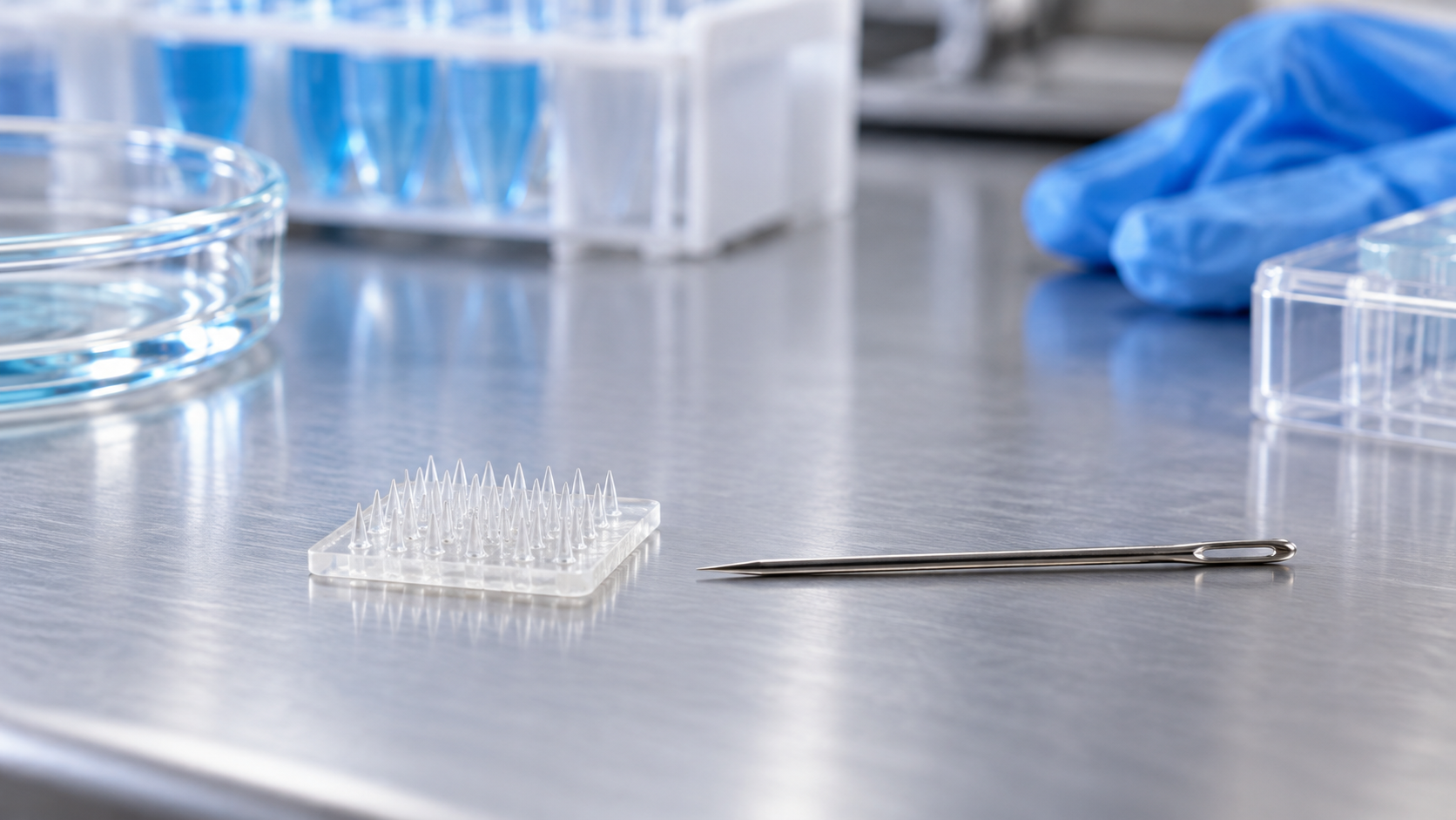 Hero image: a small transparent microneedle array patch on a lab bench, with a sewing needle for scale