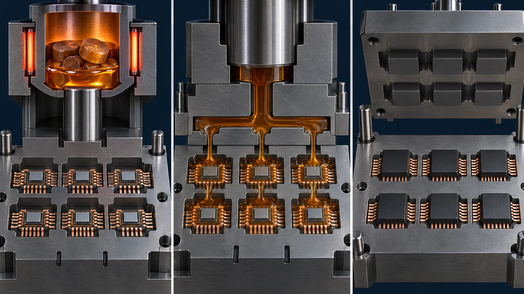 Three stages of semiconductor transfer molding from compound softening to cavity fill and mold opening