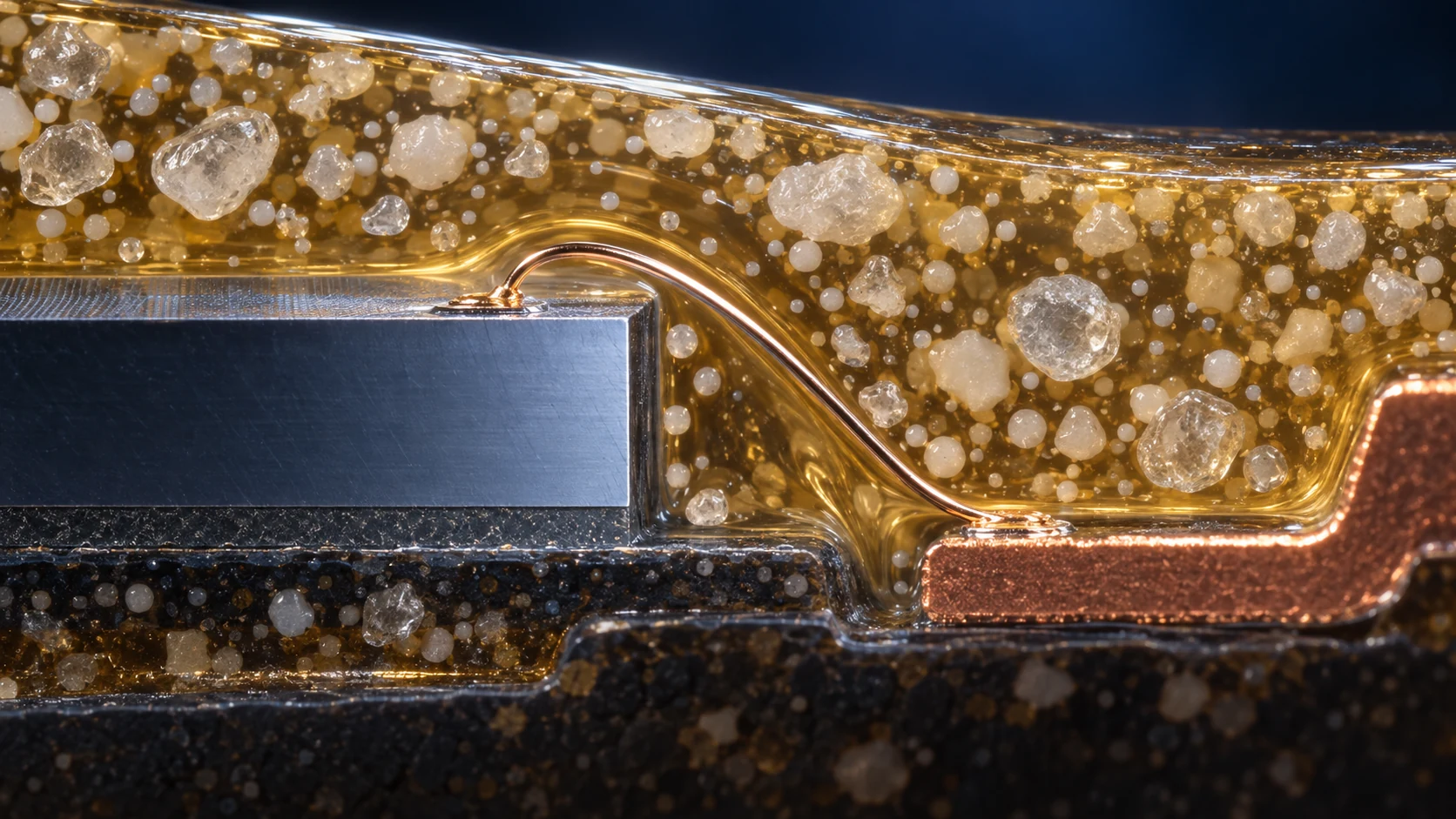 Silica-filled epoxy flowing around a die edge and a fine copper bonding wire