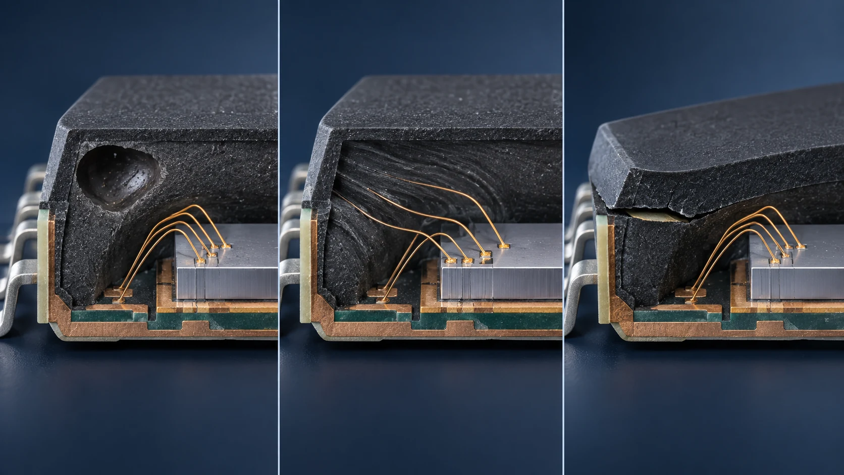 Conceptual comparison of a molding void, swept bonding wires, and package warpage with edge delamination