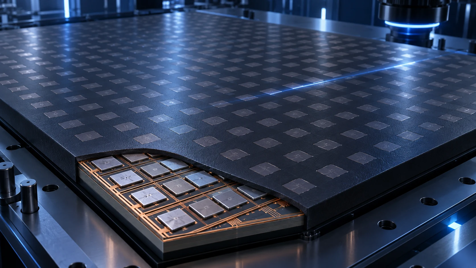 Large molded semiconductor panel with an embedded die array and a cutaway view of redistribution layers