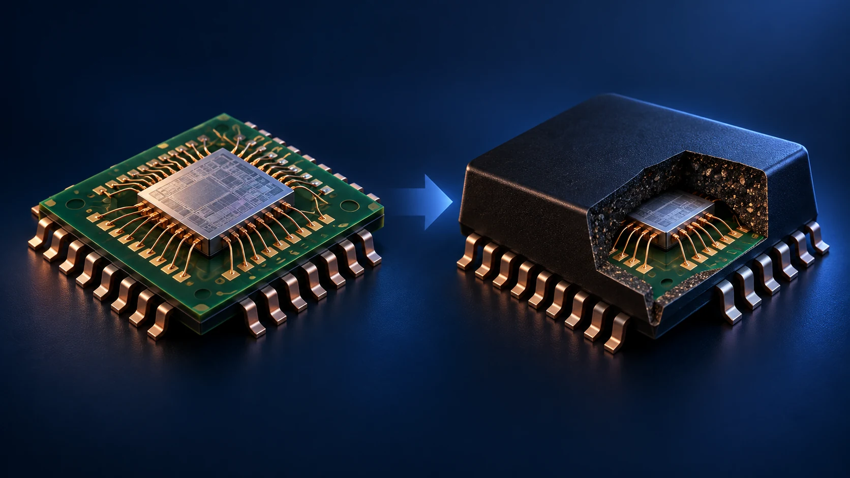 Conceptual comparison between an exposed semiconductor assembly and the same package after resin encapsulation