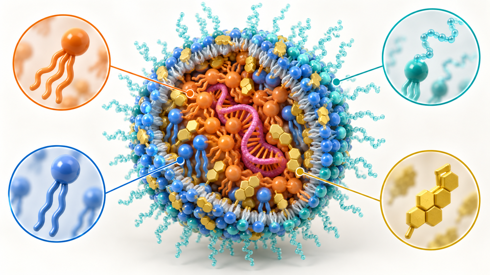 Four lipid roles surround an mRNA payload in a conceptual nanoparticle cutaway