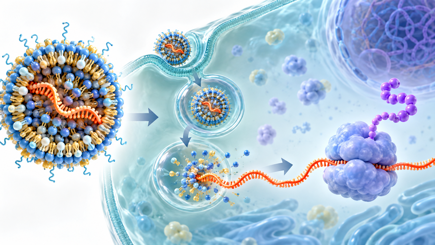 An mRNA-loaded lipid nanoparticle enters a cell and a ribosome translates the released mRNA