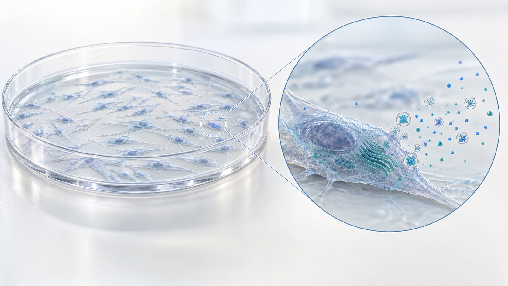MSCs spread across and adhere to the bottom of a culture dish on the left; a magnified MSC with small released molecules and vesicles on the right