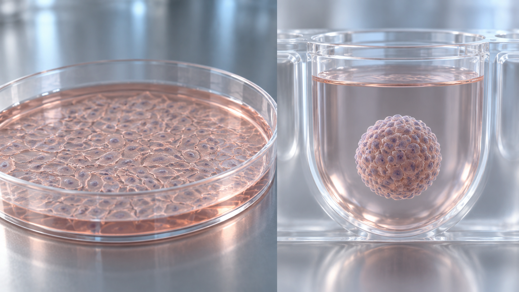 Cells in a flat monolayer are contrasted with a three-dimensional cell aggregate
