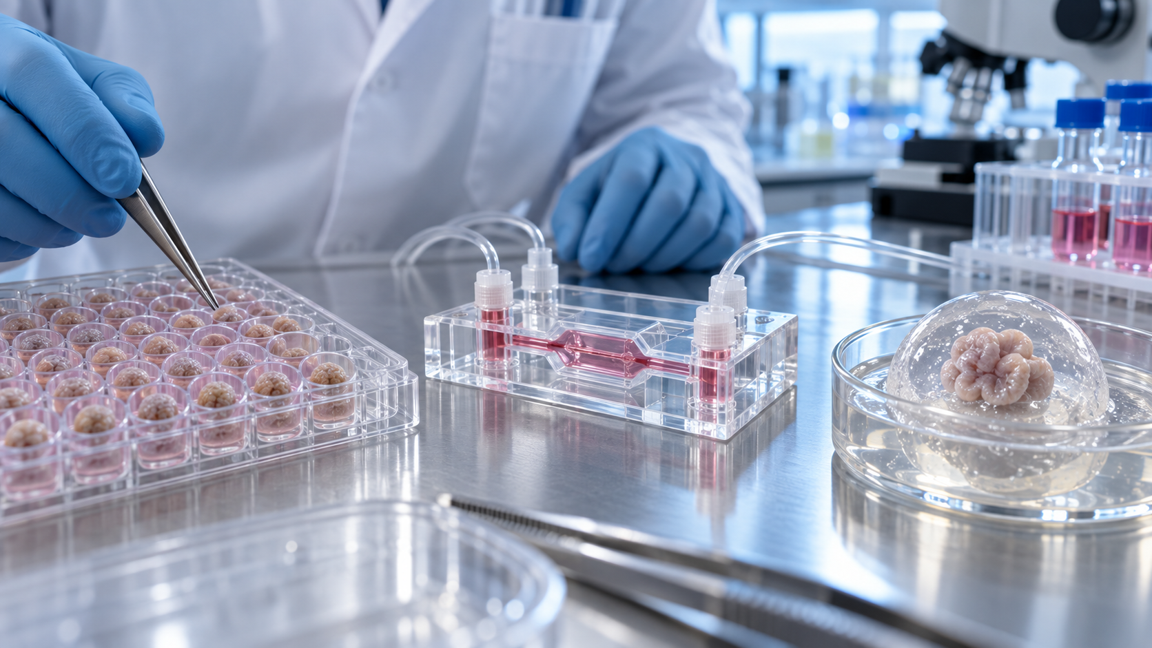 Microwells, perfusion channels and gels symbolise research approaches