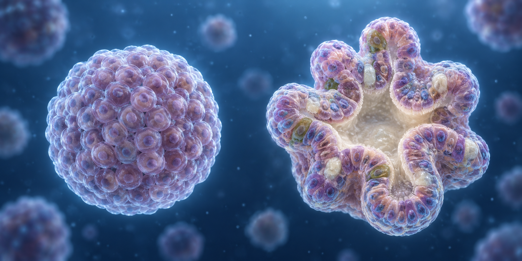 A simple cell spheroid is contrasted with a self-organised organoid-like structure