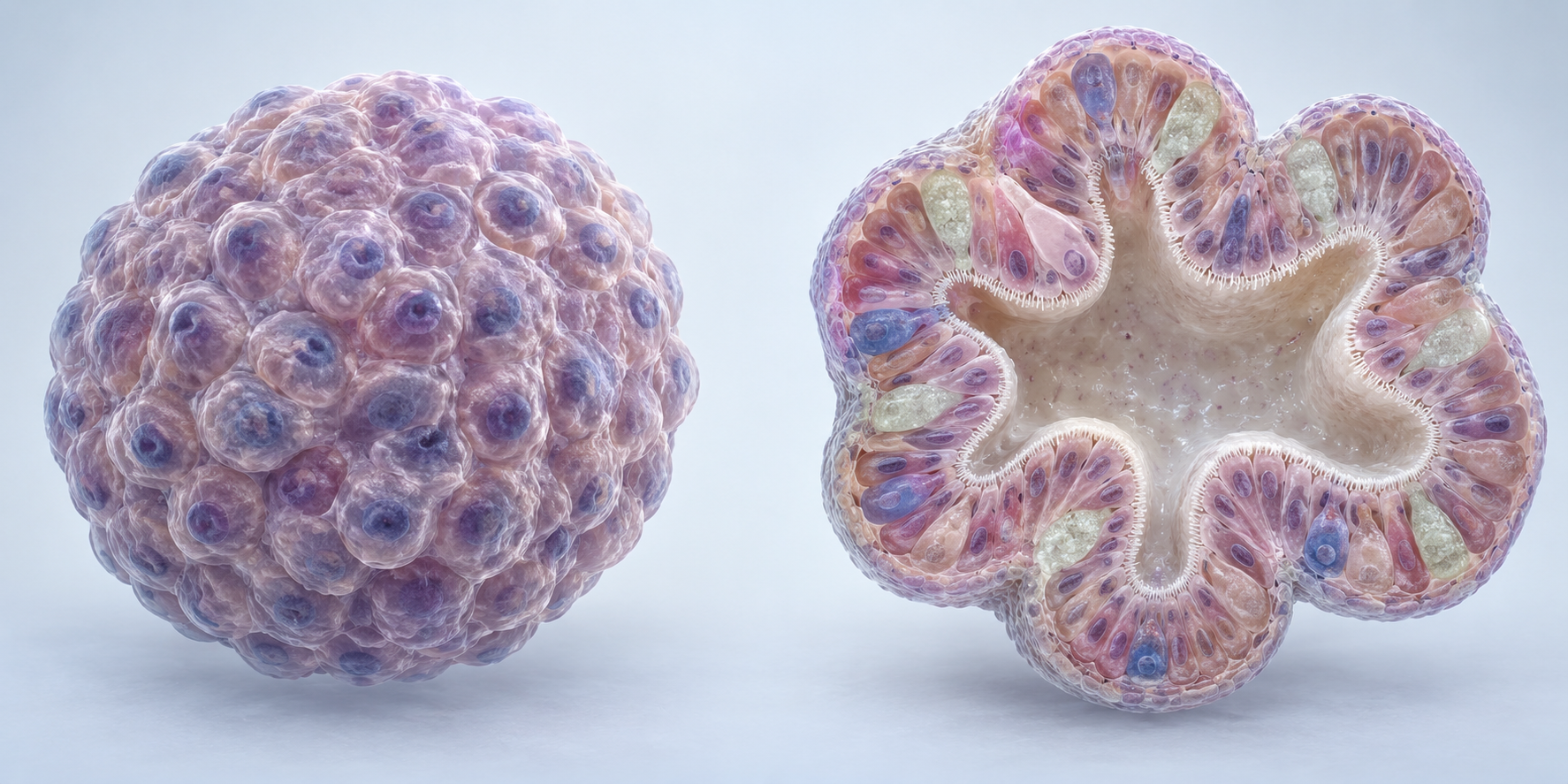 A simple aggregated spheroid is contrasted with an organoid showing internal organisation