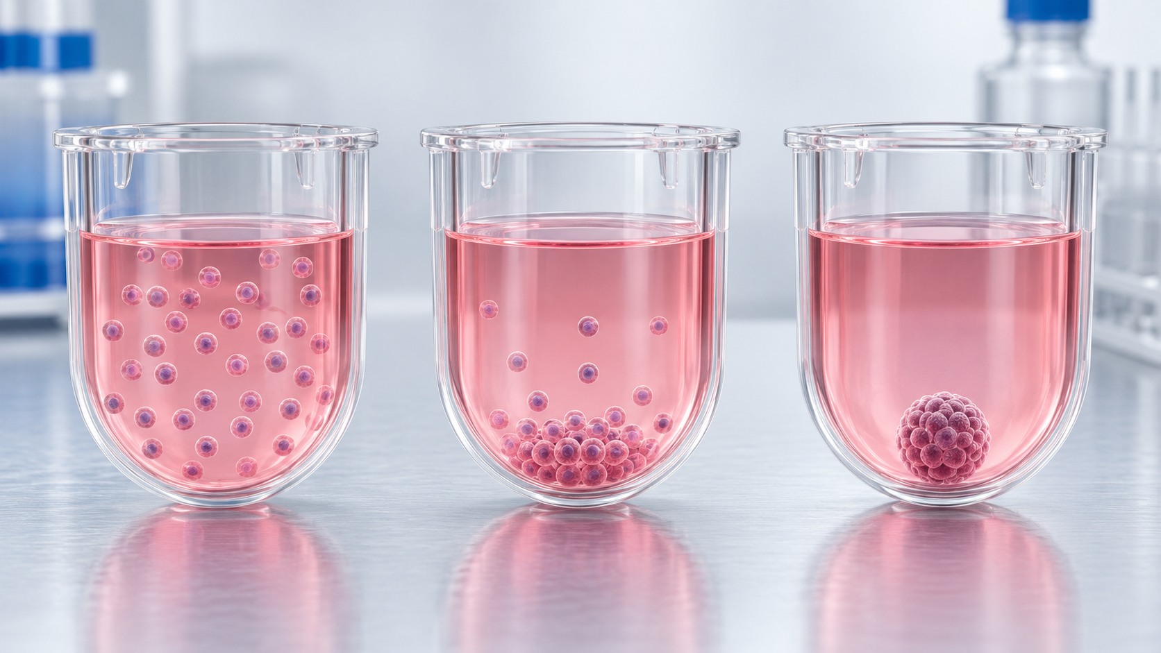 Cells seeded into a low-attachment U-bottom well aggregate into one spheroid