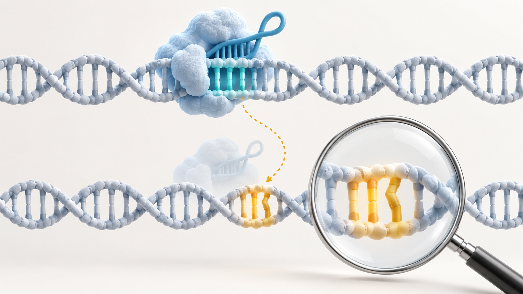 The upper DNA segment shows an editor bound at its intended site. The lower segment shows a similar site elsewhere as a possible off-target candidate, with a magnifying lens indicating assessment.