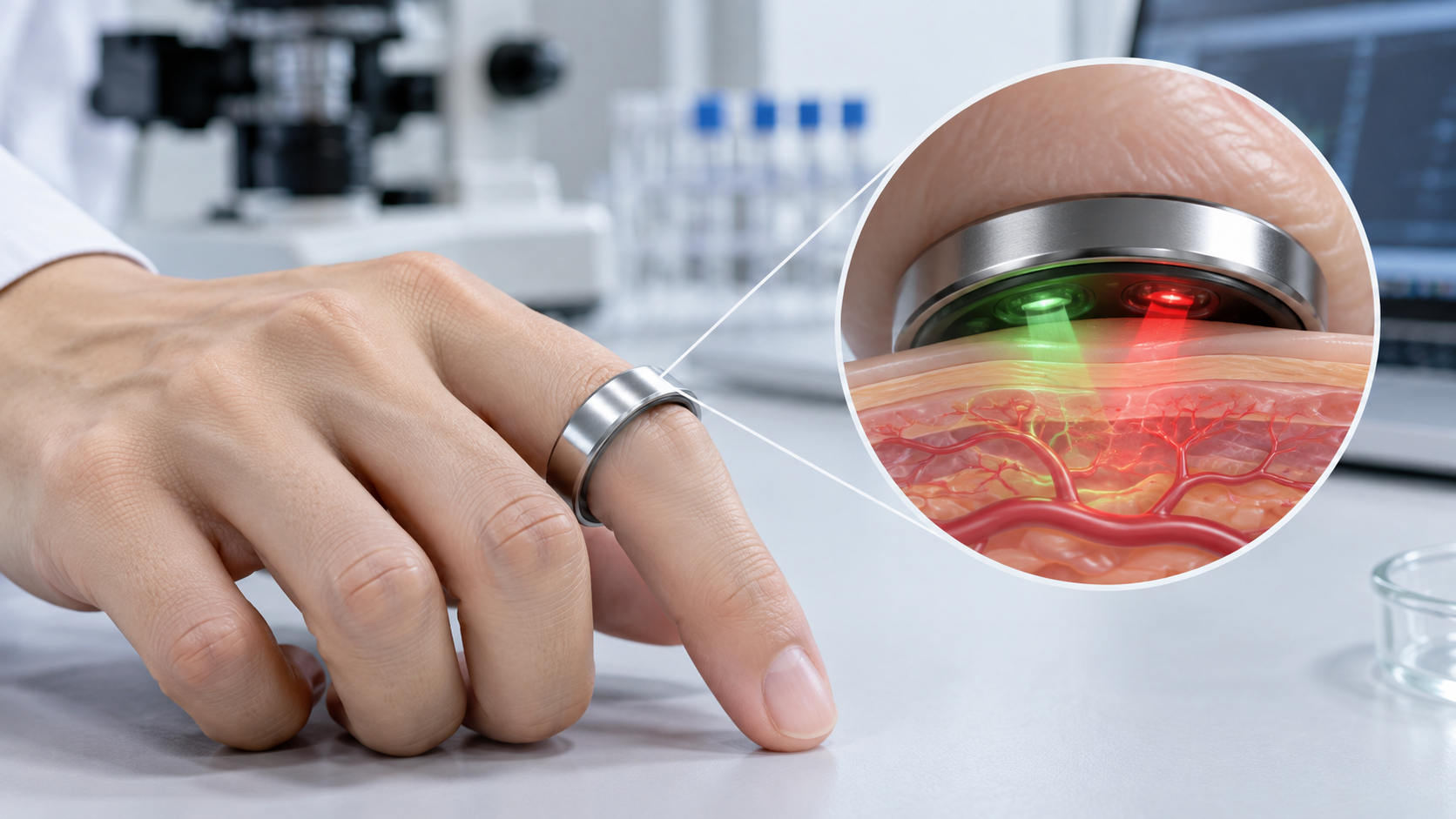 Concept image: sensors inside a metal ring shining light into the skin of a finger to read blood-flow signals