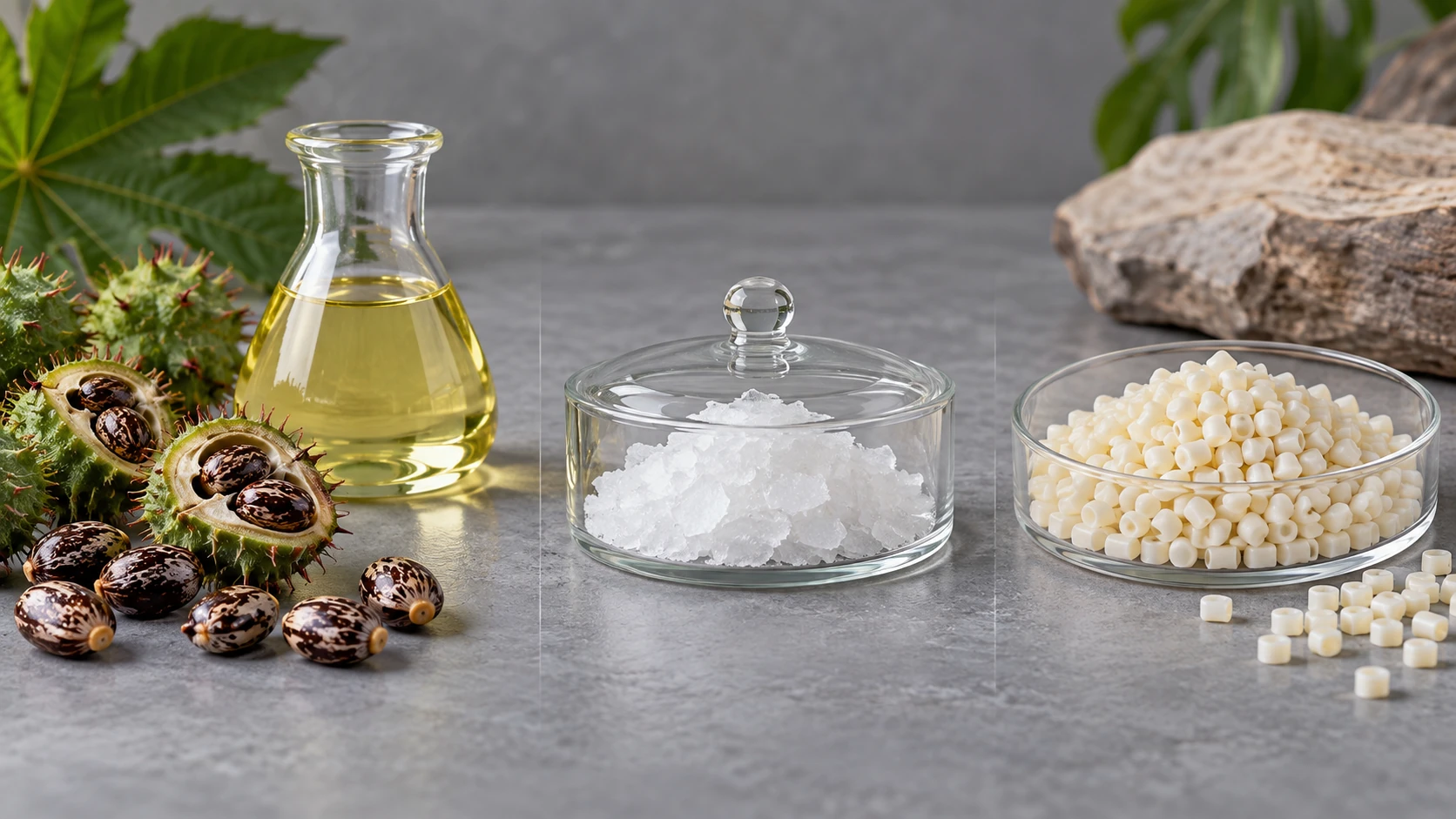 Conceptual image of a laboratory bench with, from back left to front right, a dish of castor seeds, a flask of pale yellow castor oil, a dish of white crystalline powder and a tray of cream-colored resin pellets