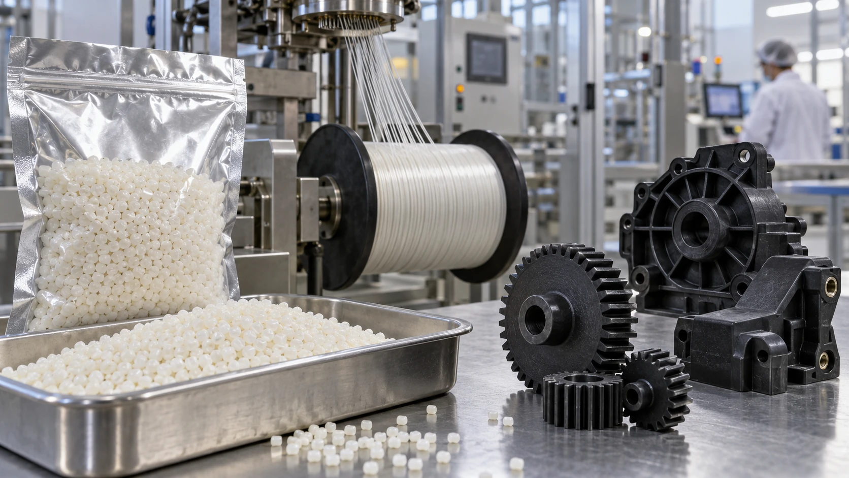 Conceptual image of a nylon processing plant: cream-colored pellets and a sealed bag in the foreground, a spinning scene at left with fine filaments wound onto a bobbin, and black reinforced-resin parts, clips, a gear and a connector laid out at right