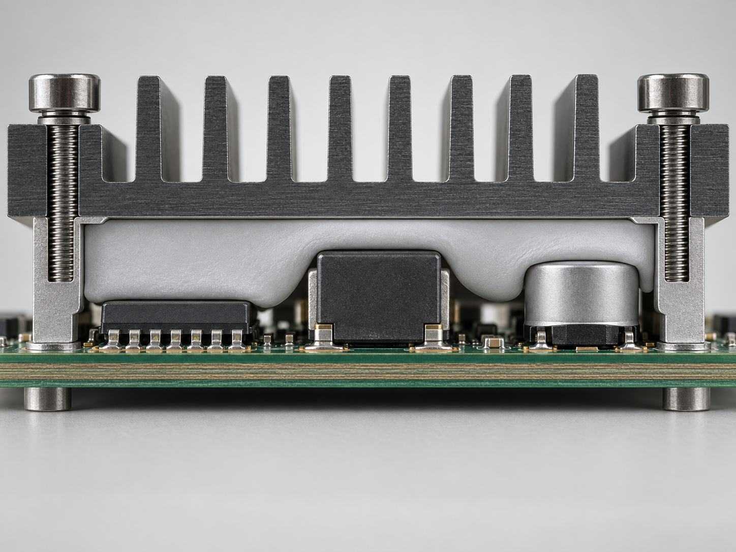 Conceptual cross-section showing a compliant thermal pad compressed between components of different heights and a flat heatsink, filling the uneven gap. It does not show an actual product, thickness, compression, or scale.
