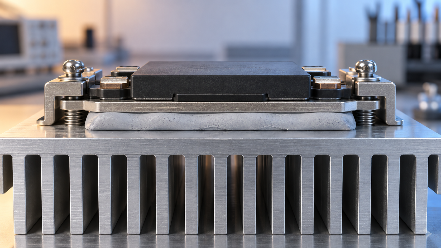 Hero image: a cutaway section of a thermal pad compressed between parts of different heights on a board and a heat sink
