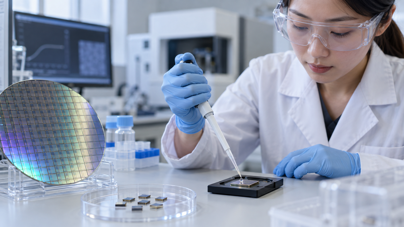 Concept image: a chip cut from a silicon wafer sits on a board, and a drop of buffer is placed on it in a lab