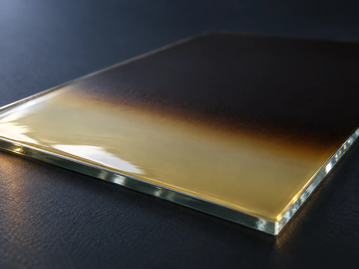Conceptual image, seen from a low angle, of a thin layer of pale yellow transparent liquid on a plain glass plate turning into a dark brown-black film from one edge