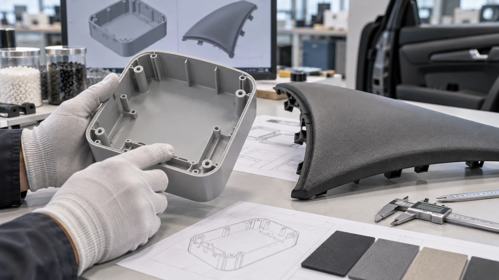 Conceptual image of a plain box-shaped shell with rounded corners and a curved automotive interior panel on a moulding-plant inspection table, with a gloved hand checking the finish