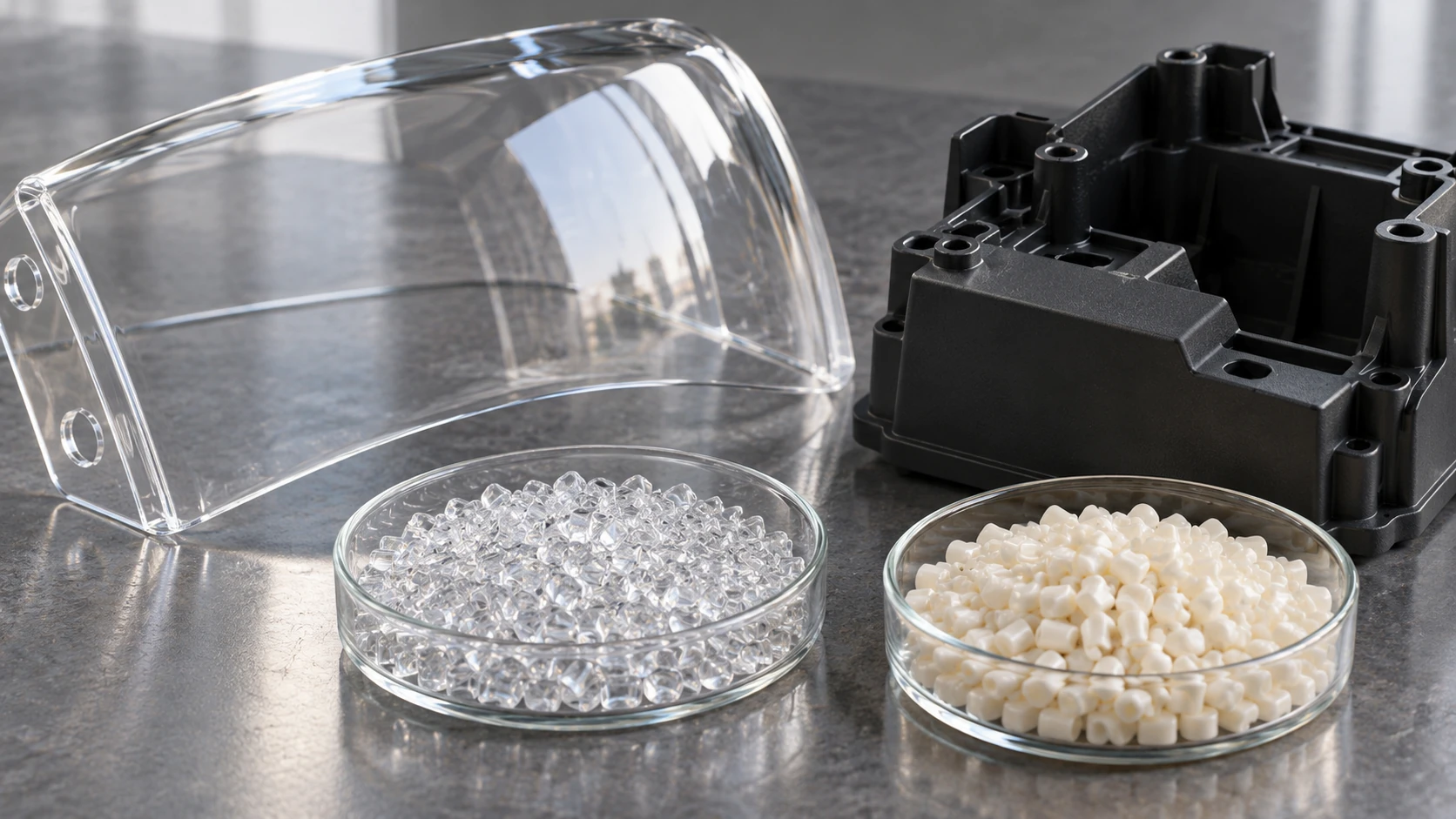 Conceptual image of a bright evaluation room bench with a thick transparent plate, a curved transparent cover, an opaque box-shaped moulded part and small dishes of clear, milky-white and grey pellets