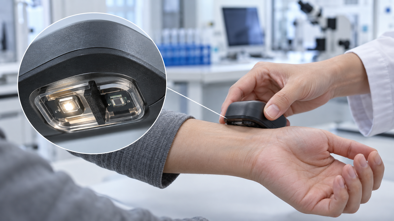 Hero image: an enlarged optical sensor module (transparent window, LED, photodetector, black resin barrier) and its use on a wrist