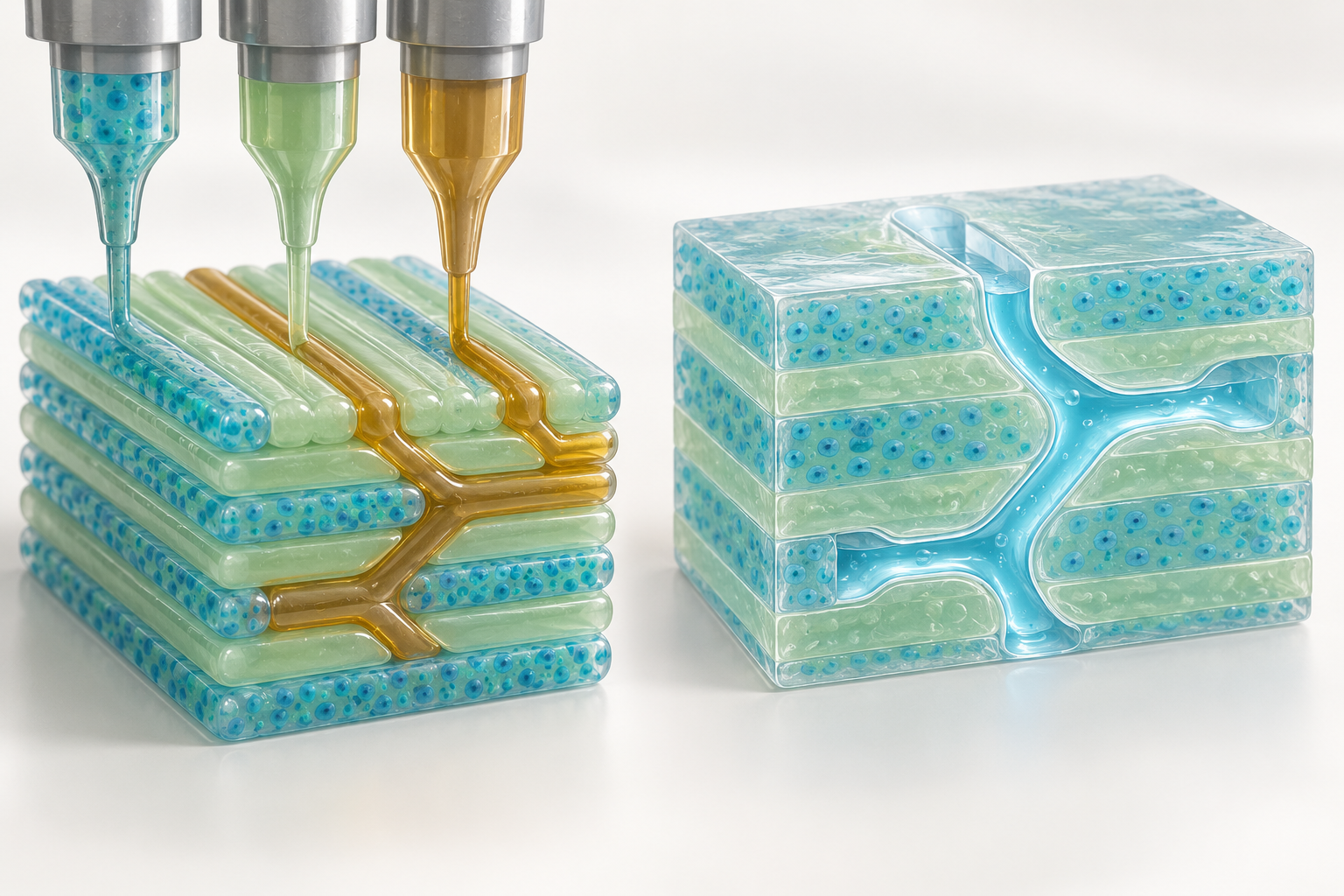 Three nozzles co-printing cell-laden gels and sacrificial channel ink on the left; an open channel after ink removal on the right