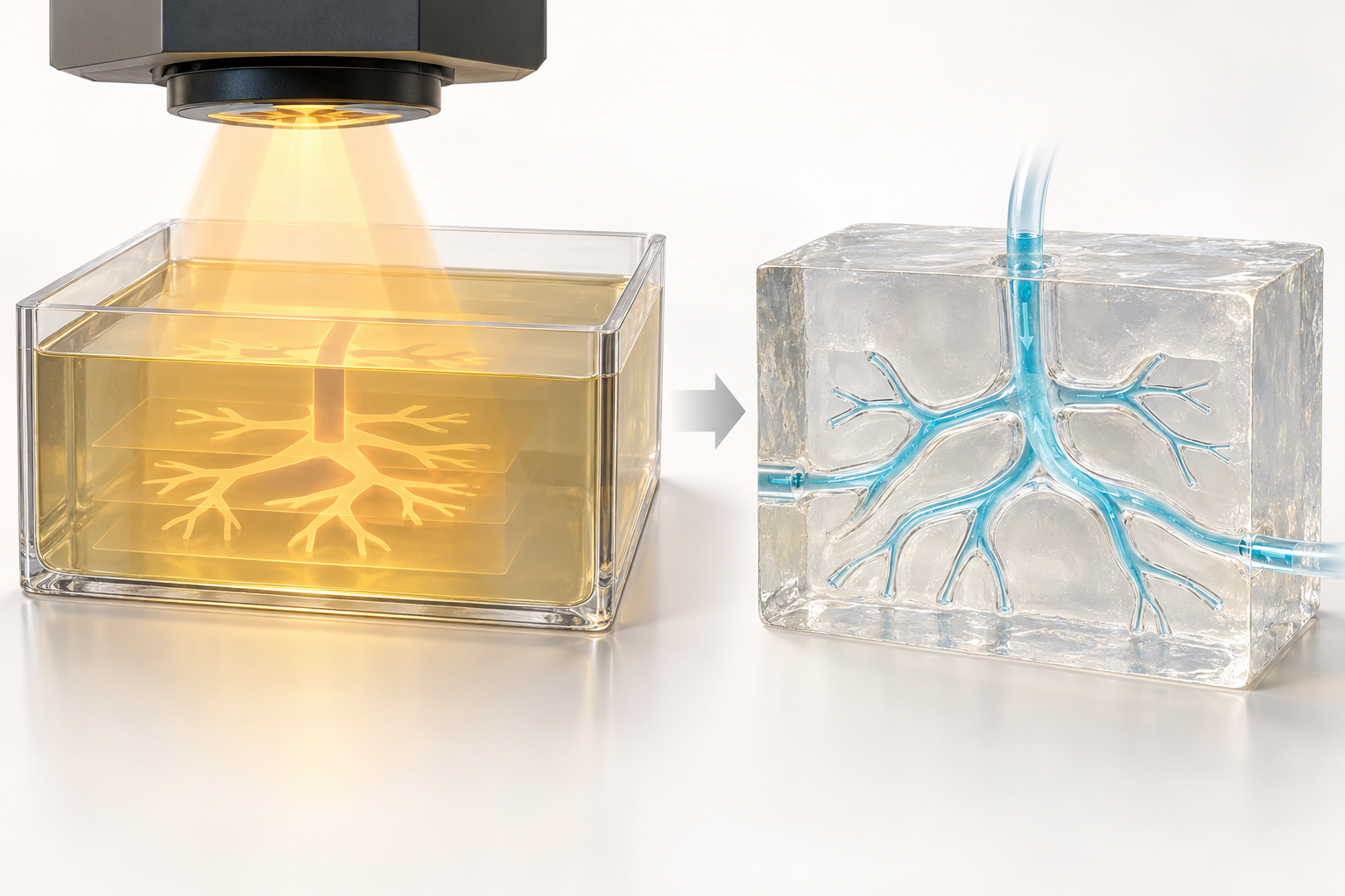 Patterned light shaping photocurable gel on the left; branching hollow channels inside the transparent gel on the right