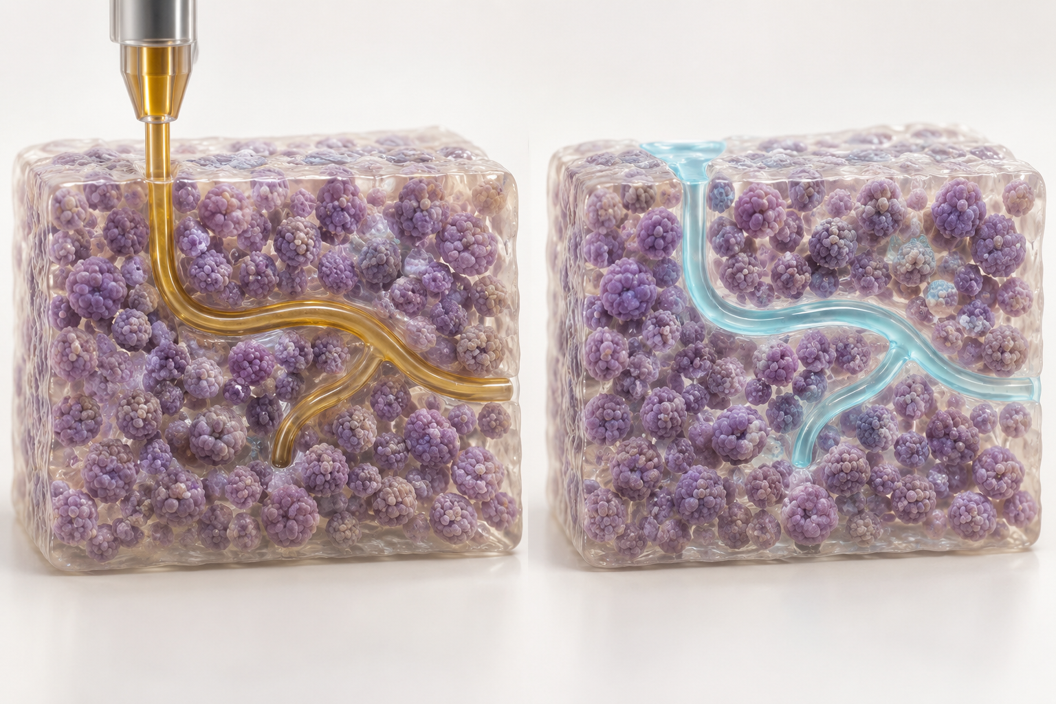 Sacrificial ink written through densely packed cell aggregates on the left; the resulting open channel with blue medium on the right