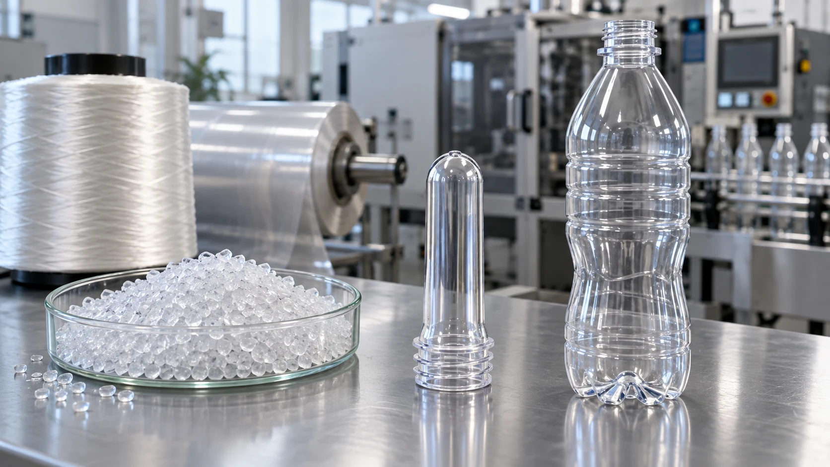 Conceptual image of a molding-plant workbench with, from the left, a heap of clear PET chips, test-tube-shaped preforms and plain clear bottles, with spools of white yarn and a roll of clear film in the background