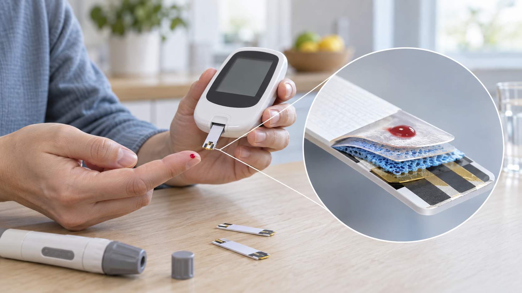 Concept image: a handheld glucose meter and single-use strip on a dining table at home, with an enlarged view of the electrodes at the strip tip